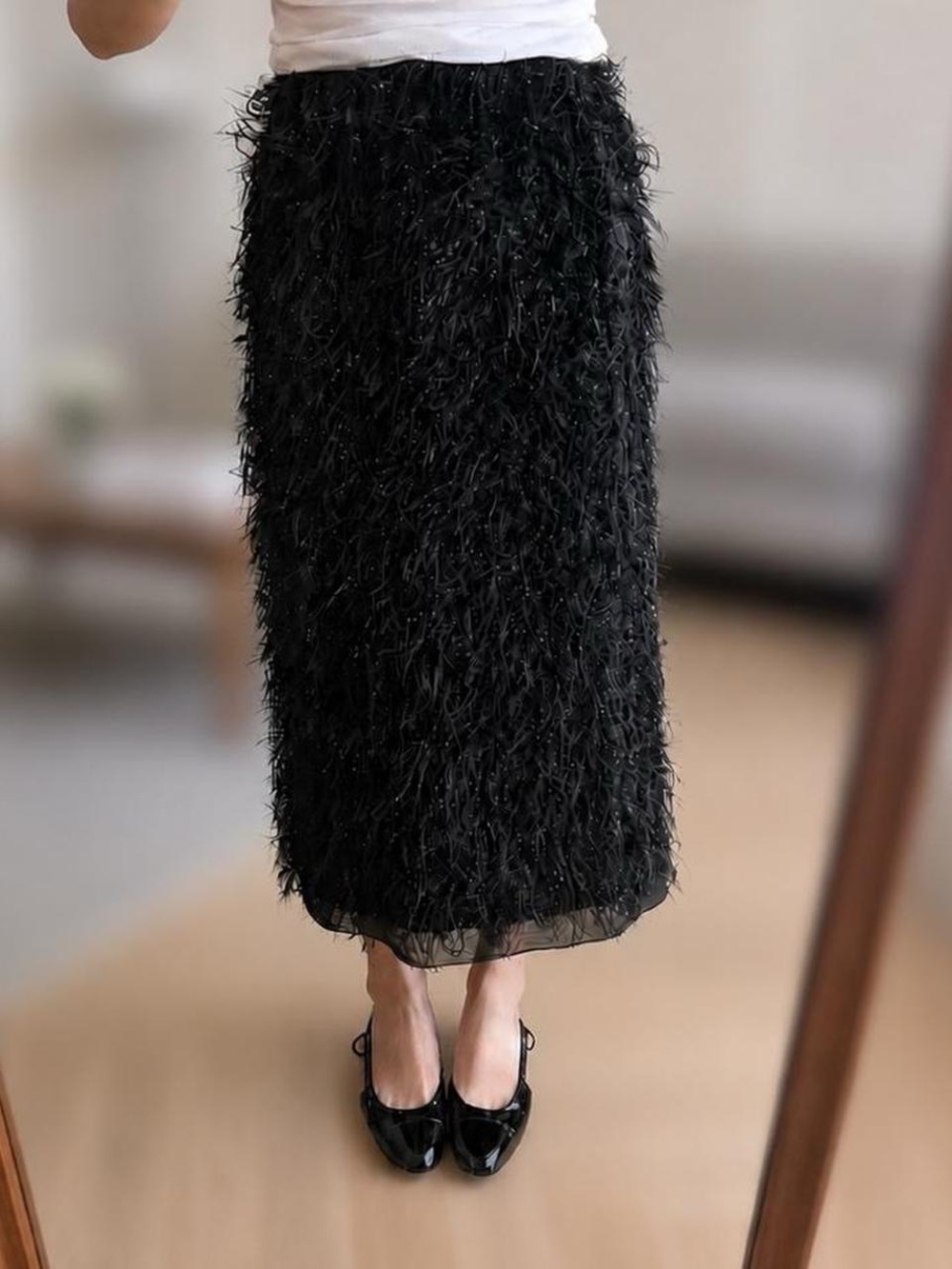 Allureville black feather midi skirt